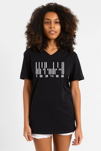 Dark Matter The Android Barcode Siyah Kadın V yaka Tshirt ürün görseli 1