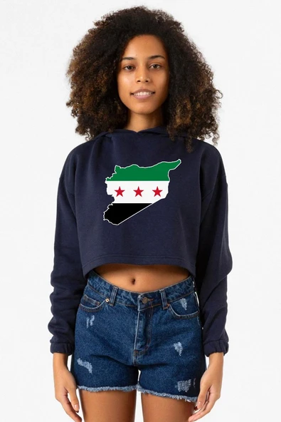 Suriye Yeni Bayrak Lacivert Kadın Crop Kapşonlu ürün görseli 1