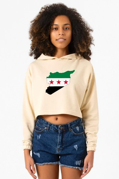Suriye Yeni Bayrak Bej Kadın Crop Kapşonlu ürün görseli 1