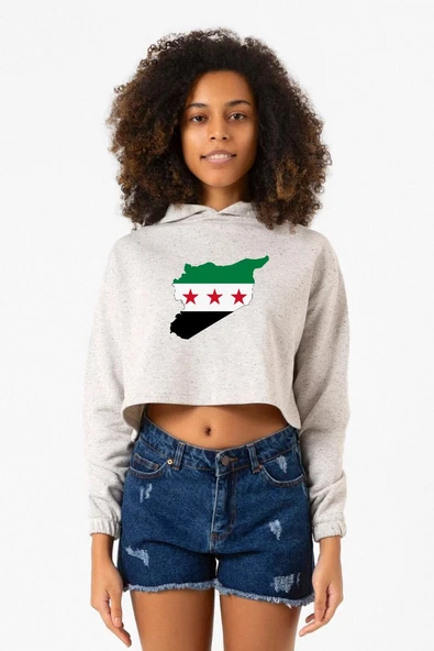 Suriye Yeni Bayrak Beyaz Kırçıllı Kadın Crop Kapşonlu ürün görseli 1
