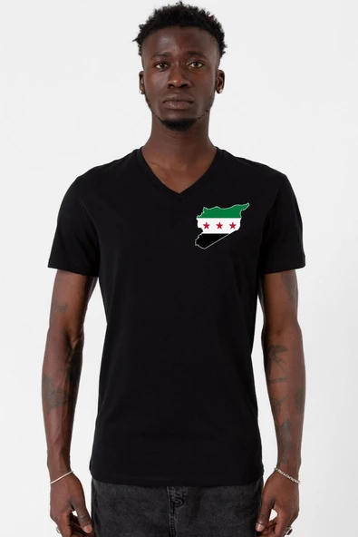 Suriye Yeni Bayrak Logo Siyah Erkek V yaka Tshirt ürün görseli 1