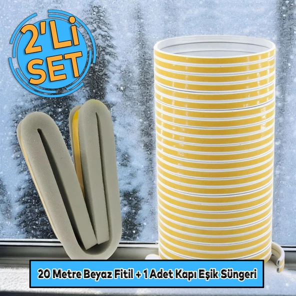 Kapı Pencere Bandı Fitili Yapışkanlı Beyaz Soğuk İzolasyon Bant 10x2=20 METRE + Eşik Süngeri 2'Li SET ürün görseli 1