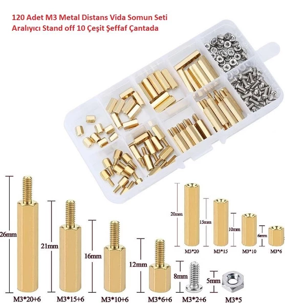 120 Adet M3 Metal Distans Vida Somun Seti Aralıyıcı Stand off 10 Çeşit Şeffaf Çantada ürün görseli 1