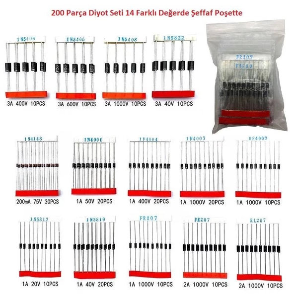 200 Parça Diyot Seti 14 Farklı Değerde Şeffaf Poşette ürün görseli 1