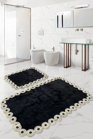 Gülruba Köşeli Siyah Çeyizlik Dantelli 2'li Banyo Paspası Seti Kaymaz Tabanlı Klozet Takımı ürün görseli 1