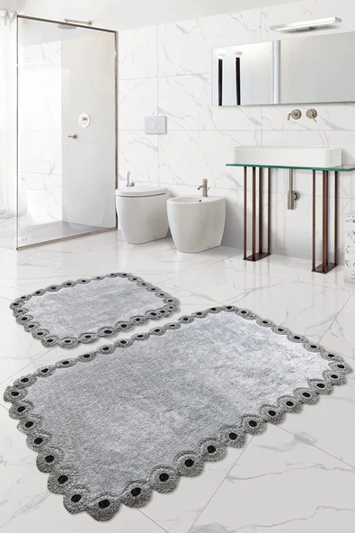 Gülruba Köşeli Gri Çeyizlik Dantelli 2'li Banyo Paspası Seti Kaymaz Tabanlı Klozet Takımı ürün görseli 1