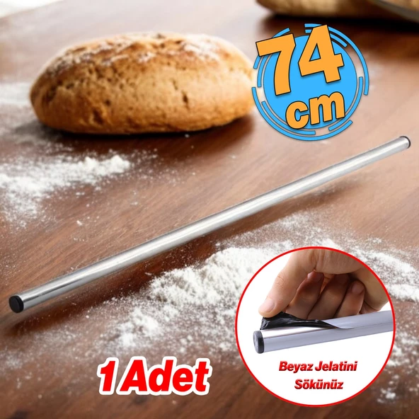 Alüminyum Metal Oklava Tekli 74 cm Mutfak Börek Hamur Un Yufka Açma Silindir Yuvarlak Krom Renk ürün görseli 1