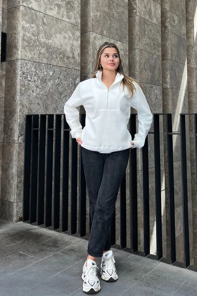 Fermuar Detaylı Oversize Sweatshirt - Beyaz - Resim 5