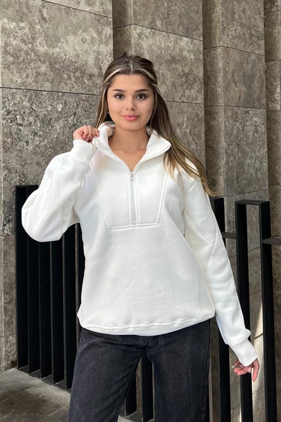 Fermuar Detaylı Oversize Sweatshirt - Beyaz ürün görseli 1