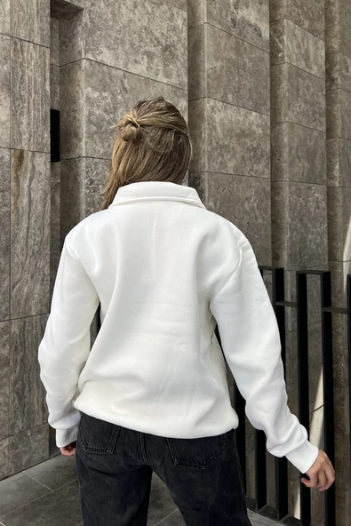 Fermuar Detaylı Oversize Sweatshirt - Beyaz - Resim 2