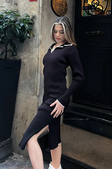 Polo Yaka Triko Midi Elbise - Siyah - Resim 3