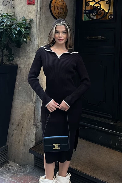 Polo Yaka Triko Midi Elbise - Siyah - Resim 4