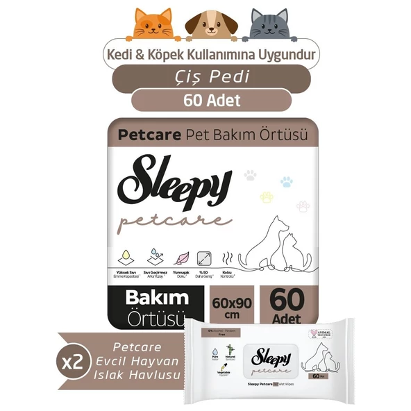 Sleepy Petcare 2X30 Adet Pet Bakım Örtüsü + 2X60 Evcil Hayvan Islak Havlusu ürün görseli 1