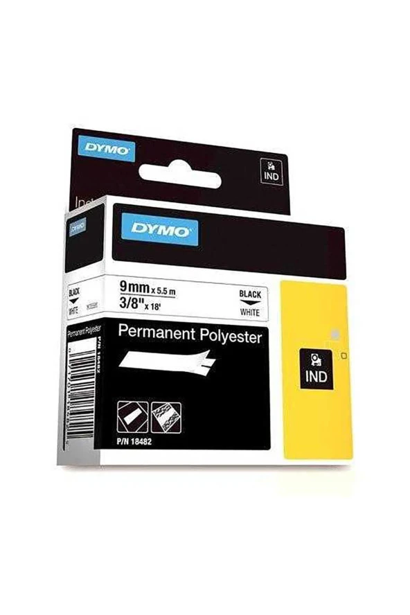 Dymo Rhinopro Sabitpolyster Şerit 9mm x 5.5 metre Beyaz/Siyah 18482 ürün görseli 1