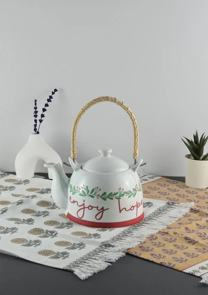 Enjoy Porselen Demlik - Hasır Saplı Çay Demliği - Üstten Saplı Demlik - 1 Litre ürün görseli 1