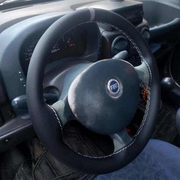 DİKİŞLİ DİREKSİYON KILIFI SİYAH DERİ GRİ YÜZÜK/DİKİŞ FIAT DOBLO İÇİN ürün görseli 1