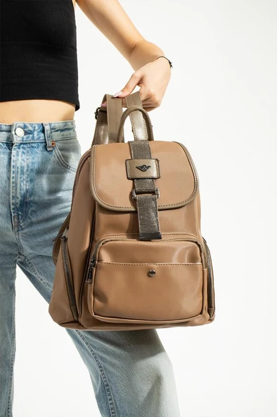 Saten Kumaş Kadın Sırt Çantası 33*23 Cm Yağmur İtici Kumaş Mega Bag Kapaklı Taşlı Model ürün görseli 1