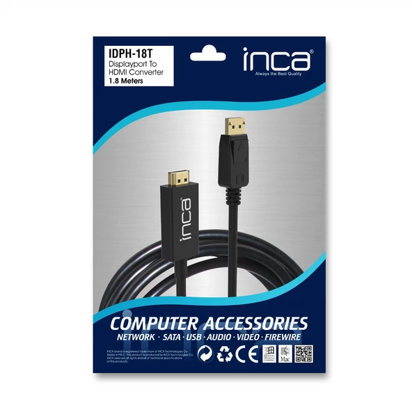 INCA IDPH-18T Displayport To HDMI Çevirici Kablo 1.8mt ürün görseli 1
