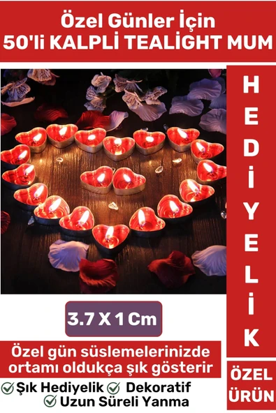 Premium Şık Dekoratif Ambians Sevgililer Günü Özel Gün Süslemesi 50 Adet KIRMIZI KALPLİ TEALIGHT MUM ürün görseli 1
