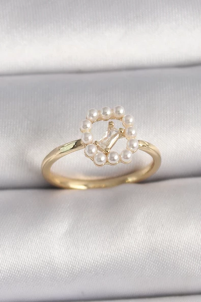 Pirinç Gold Renk Zirkon Taş Detaylı İncili Ayarlanabilir Yüzük TJ-BYK3541 ürün görseli 1