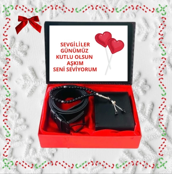 Sevgililer Günü Erkek Hediye Set Siyah Cüzdan- Kemer -Tesbih ürün görseli 1