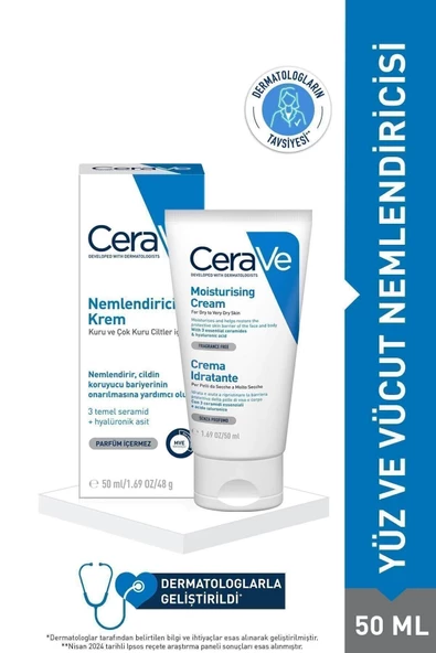 CeraVe Nemlendirici Krem Kuru Ciltler Seramid ve Hyalüronik Asit İçerikli Yüz Vücut 50ml ürün görseli 1
