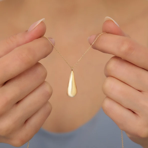 14 Ayar Altın Mikron Kaplama Damla Kolye – Minimal Parlak Gold Damla Uç Tasarım Kolye - CN00423 ürün görseli 1
