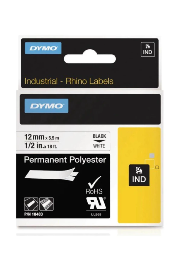 Dymo Rhino Pro Etiketi Plastik Sabit 12 MM x 5.5 Metre Beyaz Üzerine Siyah 18483 ürün görseli 1