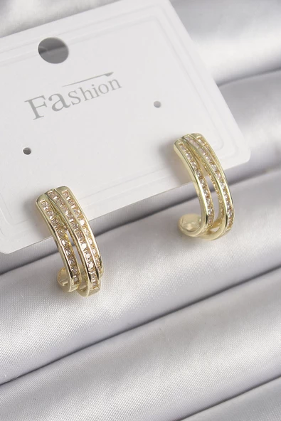 Pirinç Gold Renk Zirkon Taşlı Yarım Halka Model Kadın Küpe - EBJ250113W30499 ürün görseli 1