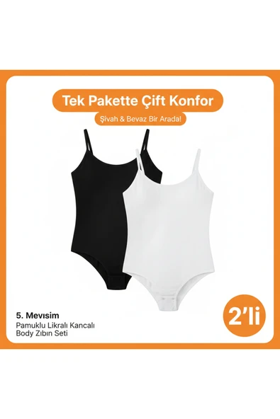 Seher Kadın 2li Karışık Renk Siyah Beyaz Ip Askılı Pamuklu Likralı Kancalı Body Zıbın 0066 ürün görseli 1