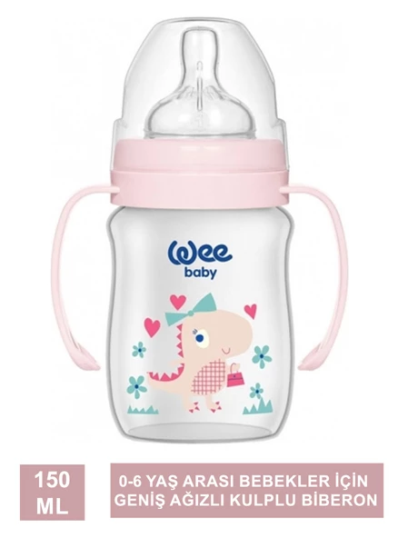 Wee Baby Klasik + Geniş Ağızlı Kulplu PP Biberon 0-6 Ay 150 ml - 137 -Pembe ürün görseli 1