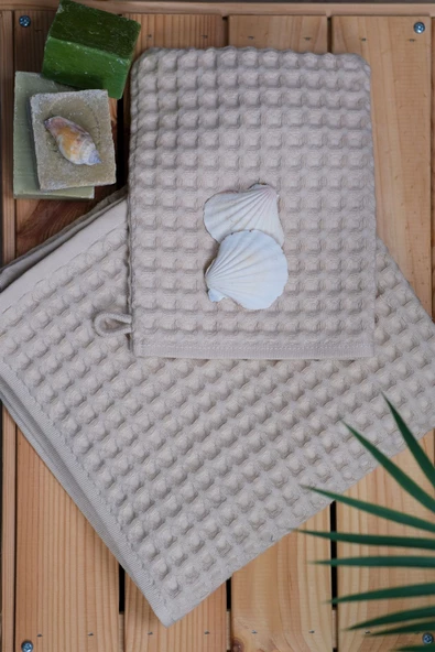 %100 Pamuk Premium Pike Desenli 2’li Set Bej: Havlu 50x100cm El, Yüz Havlusu & 16x22cm Kese ürün görseli 1