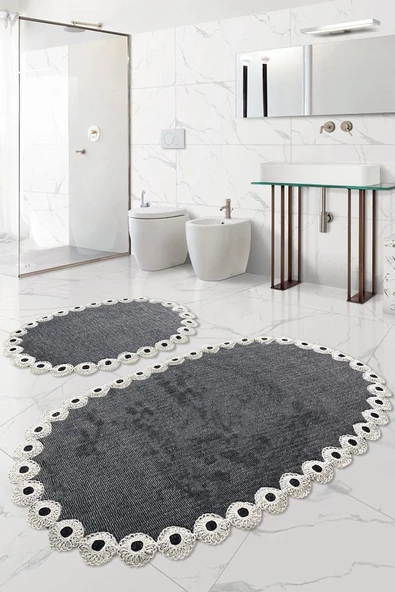 Gülruba Oval Antrasit Çeyizlik Dantelli 2'li Banyo Paspası Seti Kaymaz Tabanlı Klozet Takımı ürün görseli 1