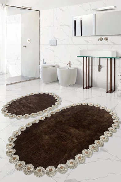 Gülruba Oval Kahve Çeyizlik Dantelli 2'li Banyo Paspası Seti Kaymaz Tabanlı Klozet Takımı ürün görseli 1