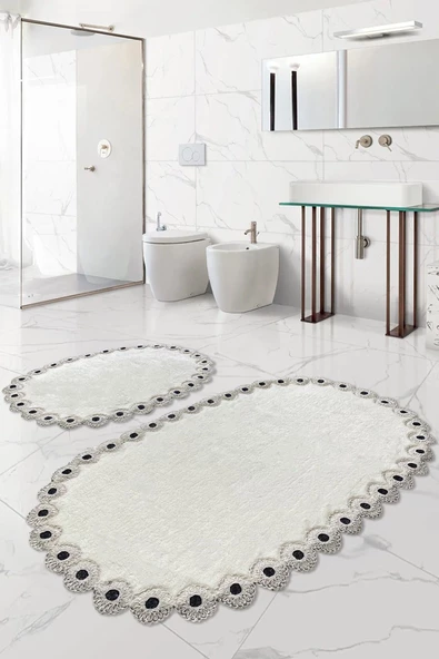 Gülruba Oval Krem Çeyizlik Dantelli 2'li Banyo Paspası Seti Kaymaz Tabanlı Klozet Takımı ürün görseli 1