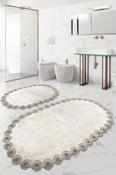 Gülruba Oval Vizon Çeyizlik Dantelli 2'li Banyo Paspası Seti Kaymaz Tabanlı Klozet Takımı ürün görseli 1