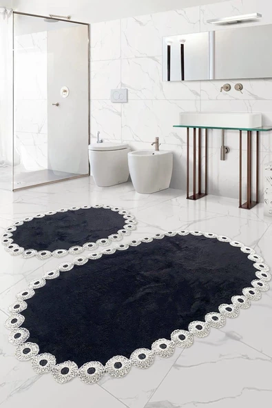 Gülruba Oval Siyah Çeyizlik Dantelli 2'li Banyo Paspası Seti Kaymaz Tabanlı Klozet Takımı ürün görseli 1