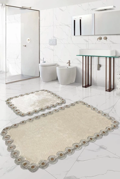 Gülruba Köşeli Vizon Çeyizlik Dantelli 2'li Banyo Paspası Seti Kaymaz Tabanlı Klozet Takımı ürün görseli 1
