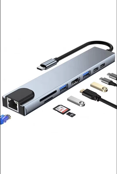 Shaza 8in1 USB Type-C Hub Port Adaptör HDMI USB Ethernet PD Girişli - SF6001/GR BLUE ürün görseli 1