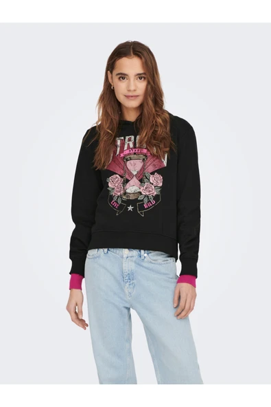 Only Oversize Kapşonlu Sweatshirt - Vintage Baskı - Crop - Günlük ürün görseli 1