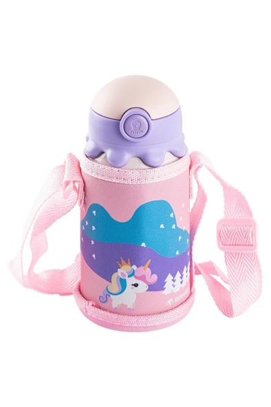 BANGDA PEMBE PASLANMAZ ÇELİK UNICORN DESENLİ ÇANTALI ÇOCUK TERMOSU 350ML ürün görseli 1