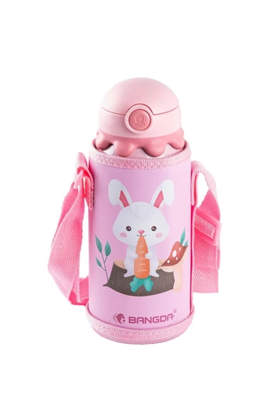 BANGDA PEMBE PASLANMAZ ÇELİK TAVŞAN DESENLİ ÇANTALI ÇOCUK TERMOSU 600ML ürün görseli 1