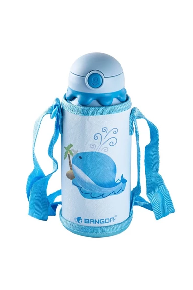 BANGDA MAVİ PASLANMAZ ÇELİK YUNUS DESENLİ ÇANTALI ÇOCUK TERMOSU 600ML ürün görseli 1