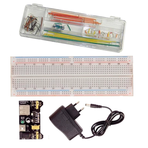 MB-102 Breadboard, 140 Parça Jumper Kablo Kiti, Breadboard Güç Kartı, 12V 500mA Adaptör ürün görseli 1