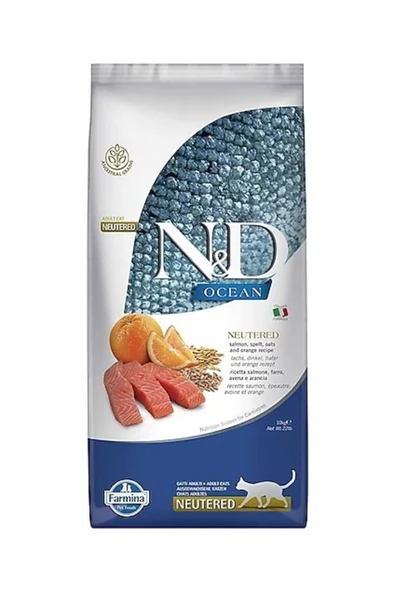 N&D Ocean Düşük Tahıllı Somonlu ve Portakallı Kısırlaştırılmış Kedi Maması 10Kg ürün görseli 1