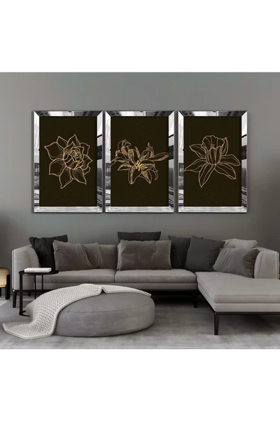 Harikabirev |gold Çiçek Kombini 001 |pleksi Çerçeveli Mdf Tablo 3dky ürün görseli 1