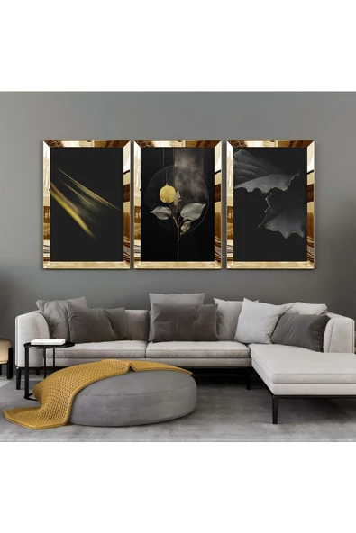 Harikabirev |siyah-yeşil-sarı Çiçek Kombini |pleksi Çerçeveli Mdf Tablo 3dky ürün görseli 1