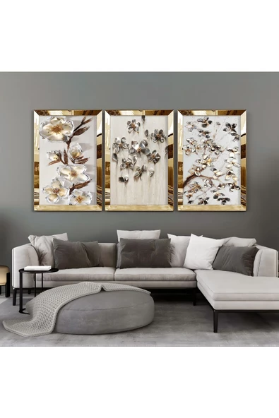 Harikabirev |beyaz-gold-gri Çiçek Kombini 01 |pleksi Çerçeveli Mdf Tablo 3dky ürün görseli 1