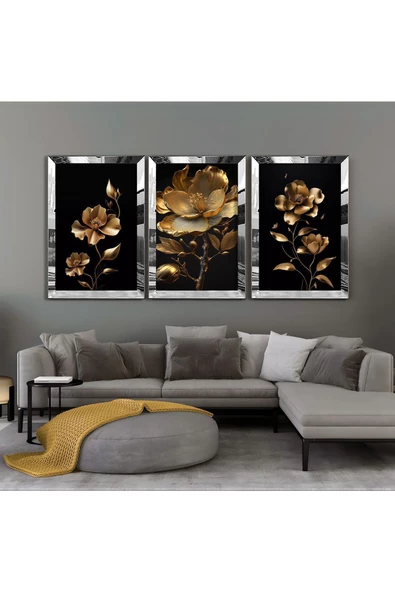 Harikabirev |gold-siyah Çiçek Kombini 02 |pleksi Çerçeveli Mdf Tablo 3dky ürün görseli 1