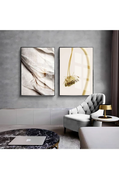 Harikabirev HARİKABİREV|BEYAZ-SARI MARBLE & ÇİÇEKİ SOYUT KOMBİNİ |ÇERÇEVELİ CAM TABLO  2Lİ DİKEY ürün görseli 1